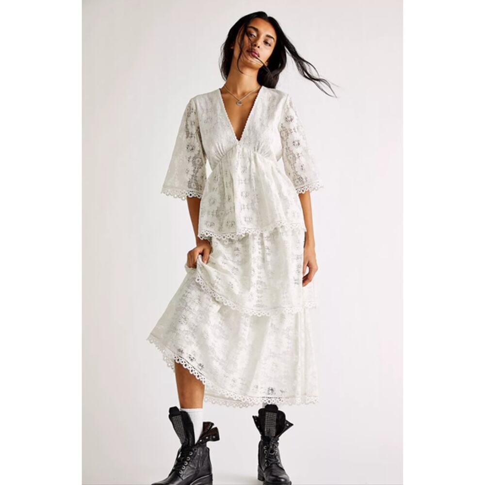Free People Sapphira White‎ Lace Midi Dress Womens M Tiered Boho Bridal NWT